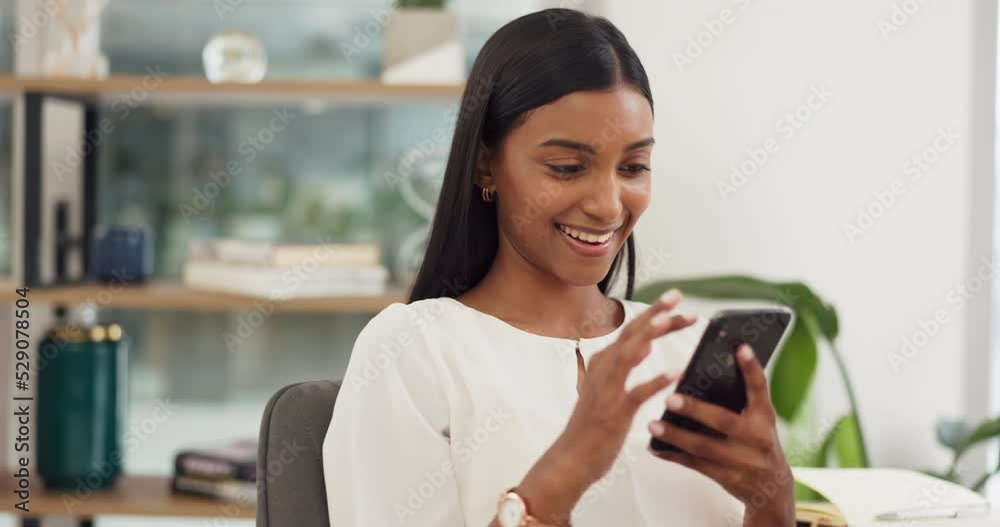 Poster phone, search and woman on social media via the internet to chat online and look at viral content an
