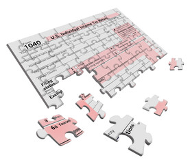 Here is a USA Form 1040 income tax form that looks like a jigsaw puzzle and is a 3-d illustration.