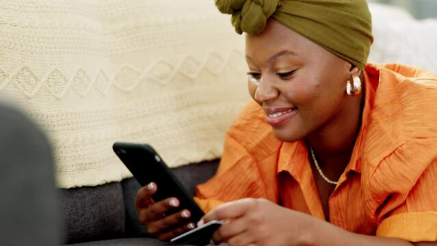 Black woman, online shopping and ecommerce mobile phone payment on credit card, mobile money and internet finance at home. Happy, young and smile african person for easy fintech smartphone technology