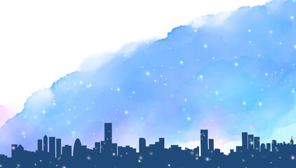 Naklejka premium 水彩風の夜空をバックにした都会の夜景。