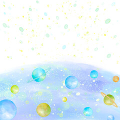 惑星が浮かぶ宇宙の背景フレーム。水彩タッチ。