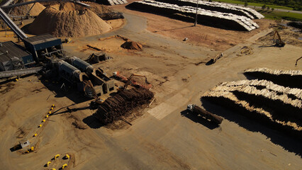 Fototapeta na wymiar Paper mill loading dock, top down aerial view