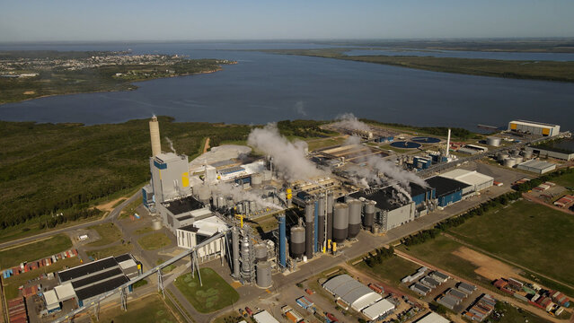 Smoking chimneys in paper mill factory and surrounding landscape, Fray Bentos in Uruguay. Aerial panoramic view