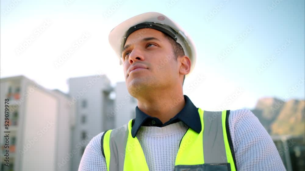 Poster contractor, building engineer and construction worker thinking, planning and dream of architecture i