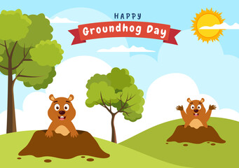Obraz na płótnie Canvas Happy Groundhog Day on February 2 with Cute Marmot Character and Garden Background Template Hand Drawn Cartoon Flat Illustration