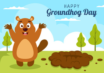 Happy Groundhog Day on February 2 with Cute Marmot Character and Garden Background Template Hand Drawn Cartoon Flat Illustration