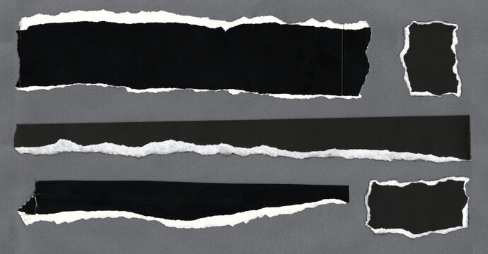 torn torn black cardboard paper pieces on gray background