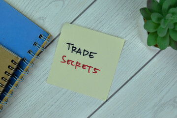 Concept of Trade Secrets write on a book isolated on Wooden Table.