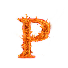 Alphabet Letter P. Fire flames on transparent background, realistic fire effect with sparks.  
