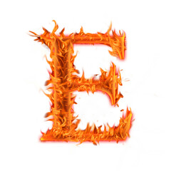Alphabet Letter E. Fire flames on transparent background, realistic fire effect with sparks.  