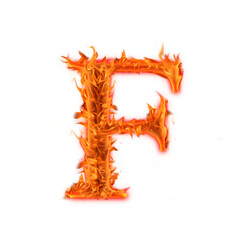 Alphabet Letter F. Fire flames on transparent background, realistic fire effect with sparks.  