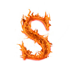 Alphabet Letter S. Fire flames on transparent background, realistic fire effect with sparks.  
