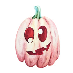 Pink pumpkin with a smiling face, watercolor illustration