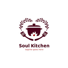hot pot soul food soul kitchen logo with love frame. Lovely home made food kitchen restaurant logo icon template