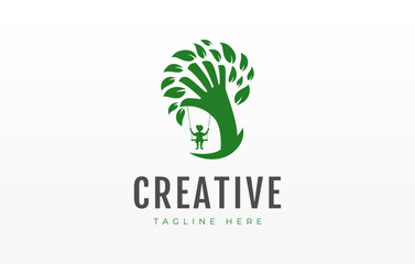 Daycare Children Wood Logo Design Template. Kids play the swing under the tree.