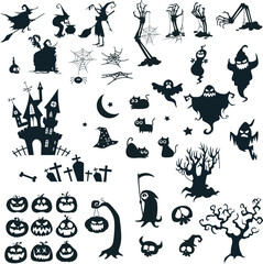 Collection of halloween silhouettes icon and character, elements for halloween decorations