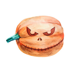Orange pumpkin with a scary face, watercolor illustration
