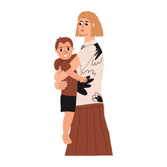 Mom holds her son in her arms. A child in the arms of a parent. Happiness motherhood concept. vector illustration in flat style