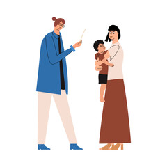 A young mother with her son in her arms at a therapist's appointment. Consultation with a family doctor. Vector illustration in a flat style.