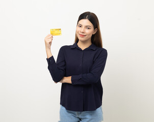 Portrait beautiful mixed race women standing pose holding credit card to shopping payment. Attractive Happy businesswoman with creditcard.