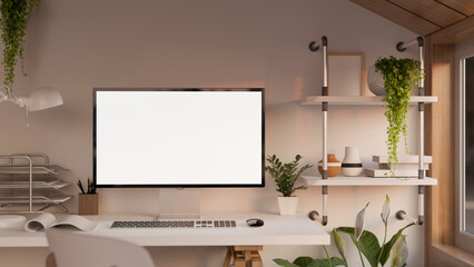 Minimal comfortable home workplace interior design with blank PC desktop computer mockup