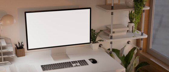 Modern contemporary workplace design with desktop computer mockup and decor.