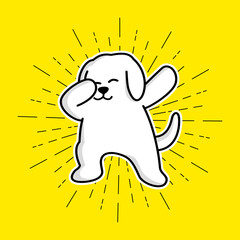 Cute cartoon characters in dub dance poses. Hand drawn dog doing dabbing.