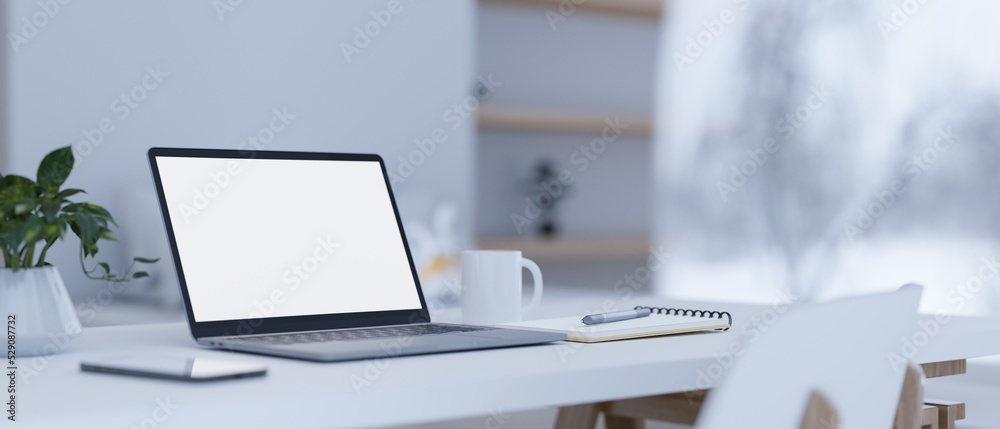 Wall mural modern home workspace with laptop mockup and stuff on white table.