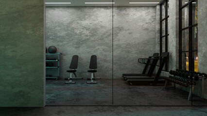 Fototapeta na wymiar Modern dark fitness gym centre interior design with sports training equipment, treadmills