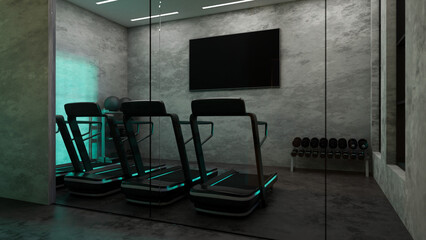 Modern dark fitness gym sport training center interior design with treadmill running machines