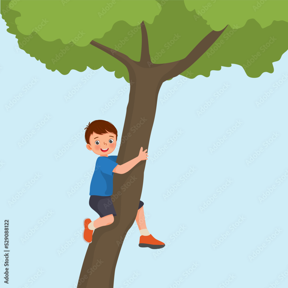 Poster cute little boy climbing big tree in the park