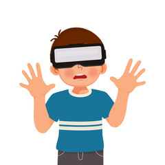 cute little by wearing virtual reality headset exploring virtual world by gesturing with his hands