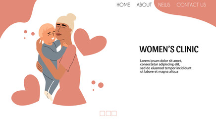 Web page with a mother hugging a child. Website template for medical clinic. Vector illustration in flat style