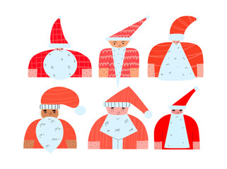 Set of stylish modern santa claus. New year and christmas portrait characters collection, Vector illustration in flat style