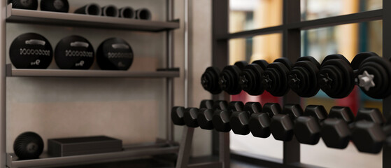 Fitness gym sport body weight training equipment background, Black dumbbells set on a rack.