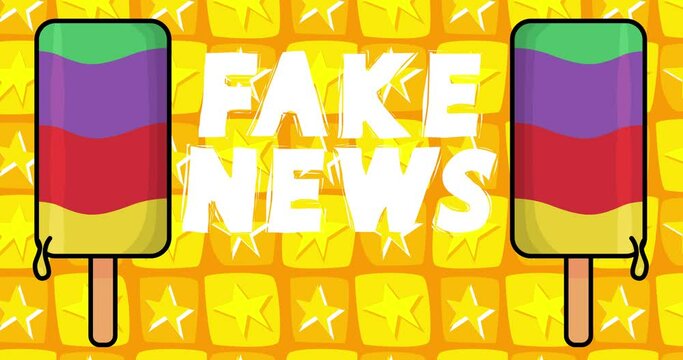Ice Cream with Fake News text. Two colorful animated summer sweet food cartoon. 4k resolution animation, moving image.
