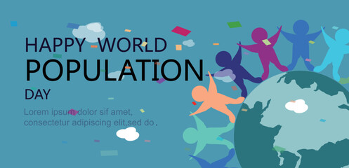 Flat world population day horizontal banner with planet and people
