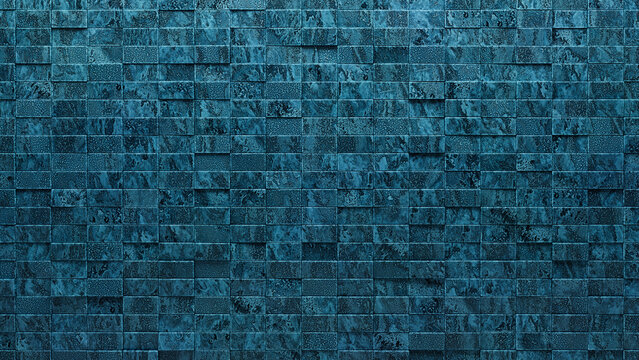 Glazed, Textured Mosaic Tiles arranged in the shape of a wall. 3D, Blue Patina, Blocks stacked to create a Rectangular block background. 3D Render