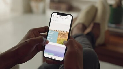Man reading news on phone, social media on smartphone screen and digital newspaper on technology in house. Person in communication on cellphone, chat online with people and reviews for urban city