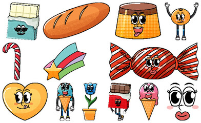 Set of objects and foods cartoon characters