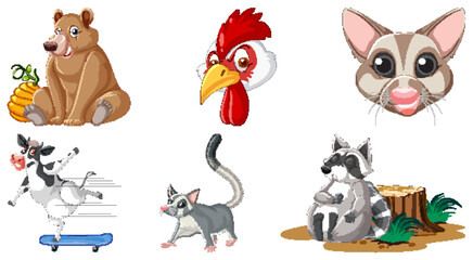 Set of various animals cartoon characters