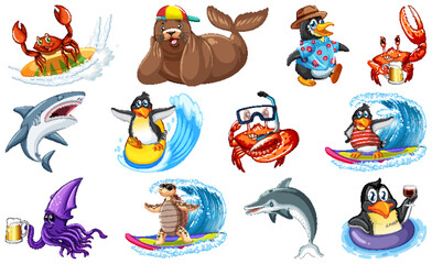 Set of various sea animals cartoon characters