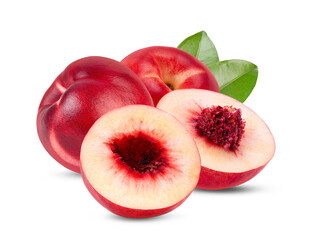 Nectarine fruit with leaf isolated on transparent (PNG)