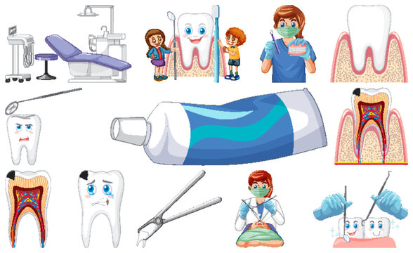Set of dental equipments and cartoon characters