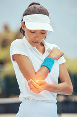 Tennis woman, elbow pain and abstract injury on sports court in wellness exercise, training and...