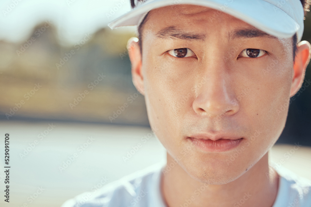 Sticker Sports, tennis and portrait of a sweating man with vision, goal and mission for game, competition or outdoor practice with sunshine. Young asian professional player with a serious or determined face