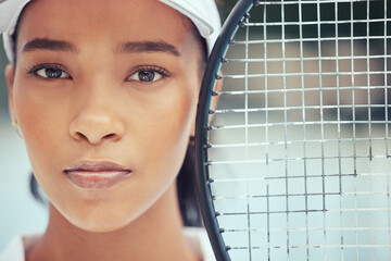 Tennis sports, face of black woman and fitness lifestyle motivation. Strong racket, athlete focus...