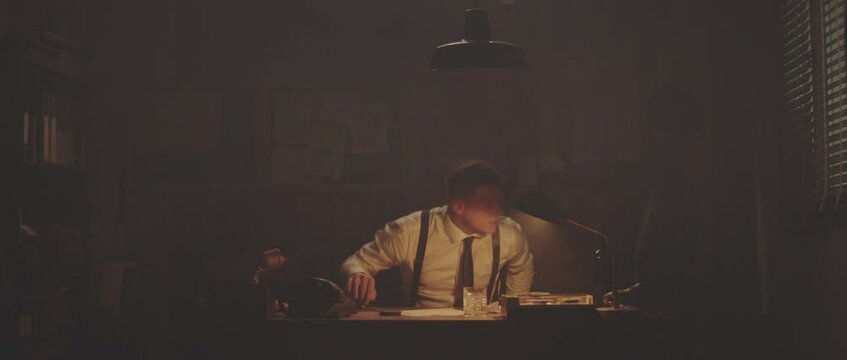 Inspector coming into his office in evening and taking off his coat. Retro style detective using deduction for solving challenging cases.