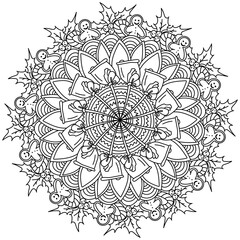 Christmas mandala, meditative coloring page with gingerbread man, holly and ornate patterns