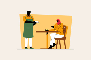 waiter serves a customer in a coffee shop illustration